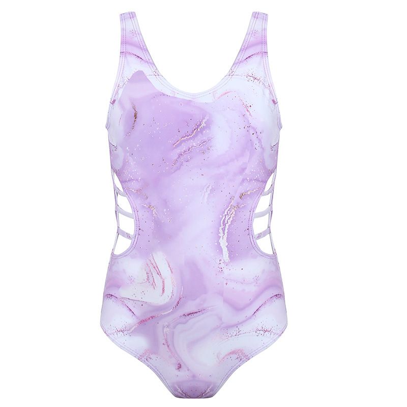 (image for) Girls Marble Print One‑Piece Swimsuit Side Cutout Kids Bathing Suit Children Swimwear 130‑160