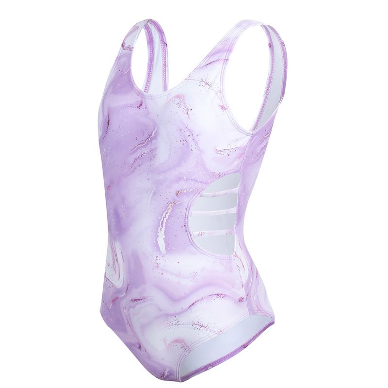 (image for) Girls Marble Print One‑Piece Swimsuit Side Cutout Kids Bathing Suit Children Swimwear 130‑160