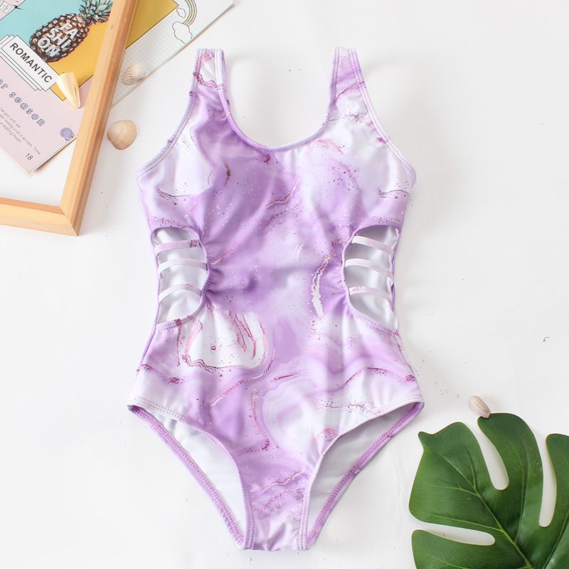(image for) Girls Marble Print One‑Piece Swimsuit Side Cutout Kids Bathing Suit Children Swimwear 130‑160