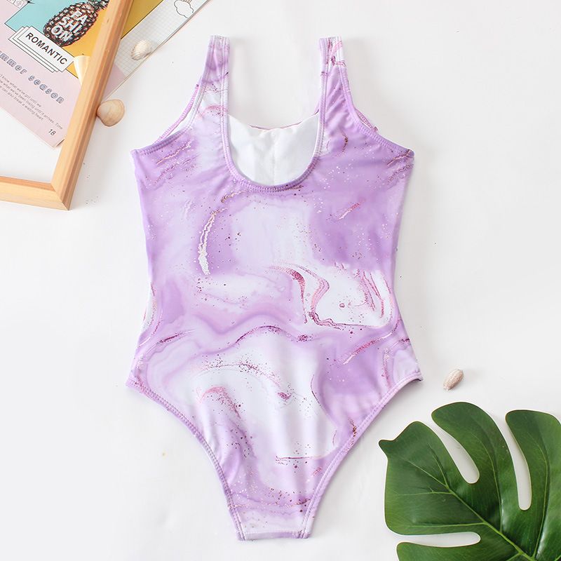 (image for) Girls Marble Print One‑Piece Swimsuit Side Cutout Kids Bathing Suit Children Swimwear 130‑160