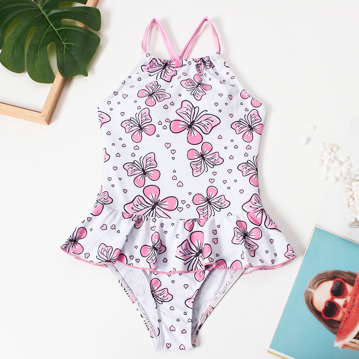 (image for) Girls Butterfly Print Skirted One‑Piece Swimsuit Kids Ruffle Hem Bathing Suit 130‑160