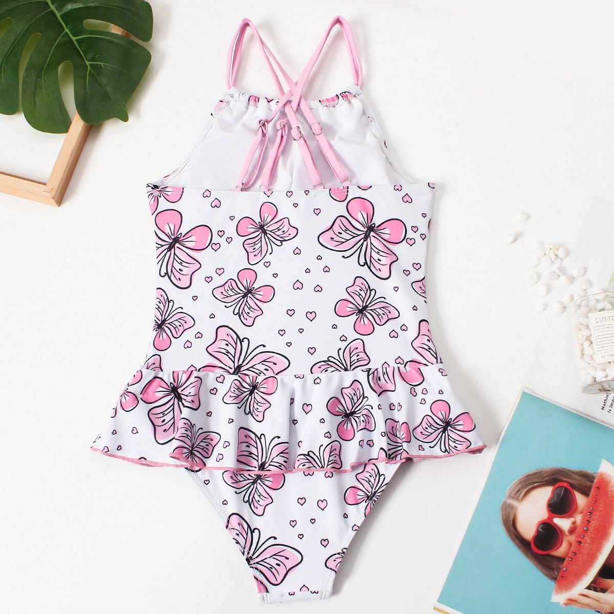 (image for) Girls Butterfly Print Skirted One‑Piece Swimsuit Kids Ruffle Hem Bathing Suit 130‑160