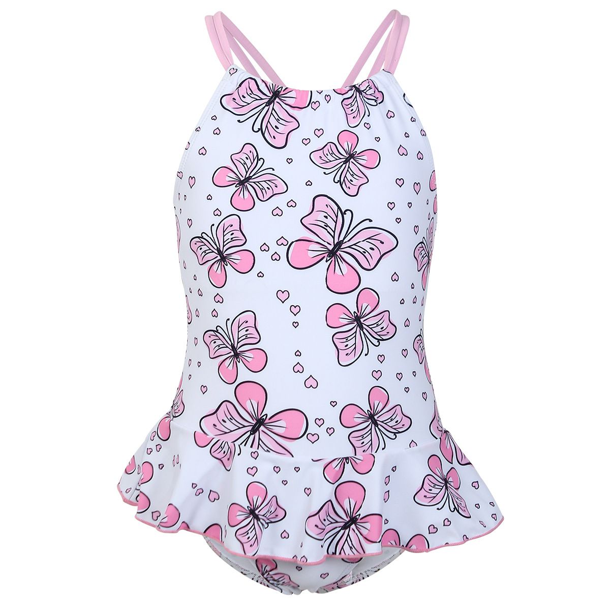 (image for) Girls Butterfly Print Skirted One‑Piece Swimsuit Kids Ruffle Hem Bathing Suit 130‑160