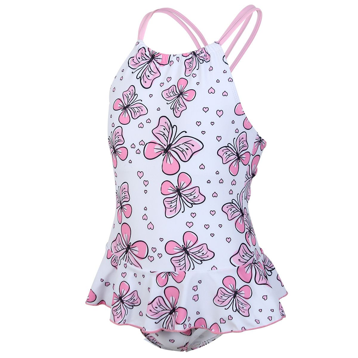 (image for) Girls Butterfly Print Skirted One‑Piece Swimsuit Kids Ruffle Hem Bathing Suit 130‑160