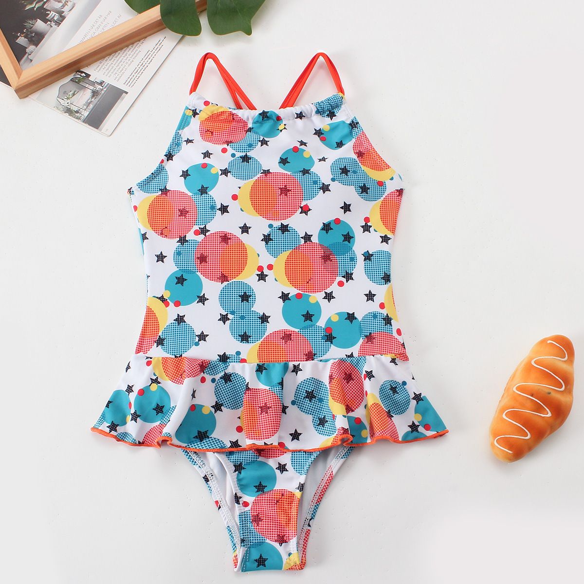 (image for) Girls Butterfly Print Skirted One‑Piece Swimsuit Kids Ruffle Hem Bathing Suit 130‑160