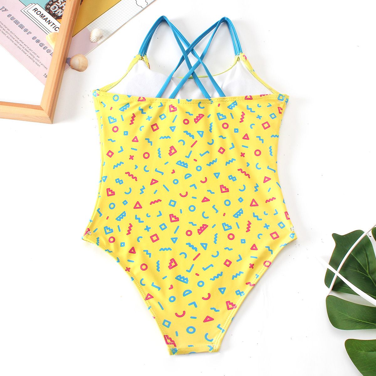 (image for) Girls Letter Print One‑Piece Swimsuit Cross Back Kids Bathing Suit Children Swimwear 130‑160