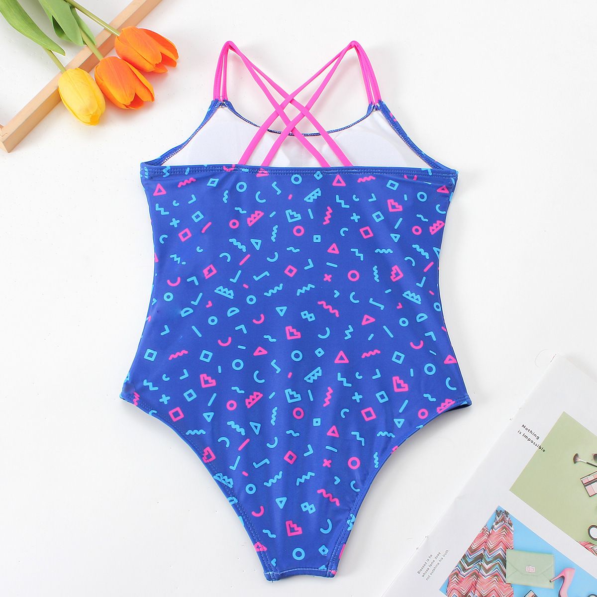 (image for) Girls Letter Print One‑Piece Swimsuit Cross Back Kids Bathing Suit Children Swimwear 130‑160