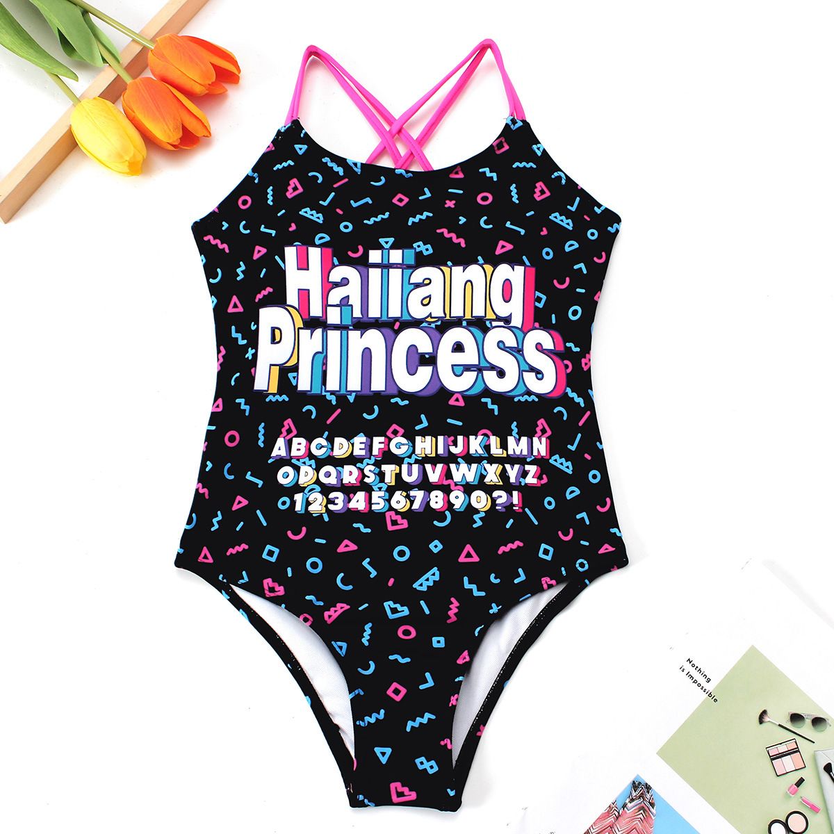 (image for) Girls Letter Print One‑Piece Swimsuit Cross Back Kids Bathing Suit Children Swimwear 130‑160