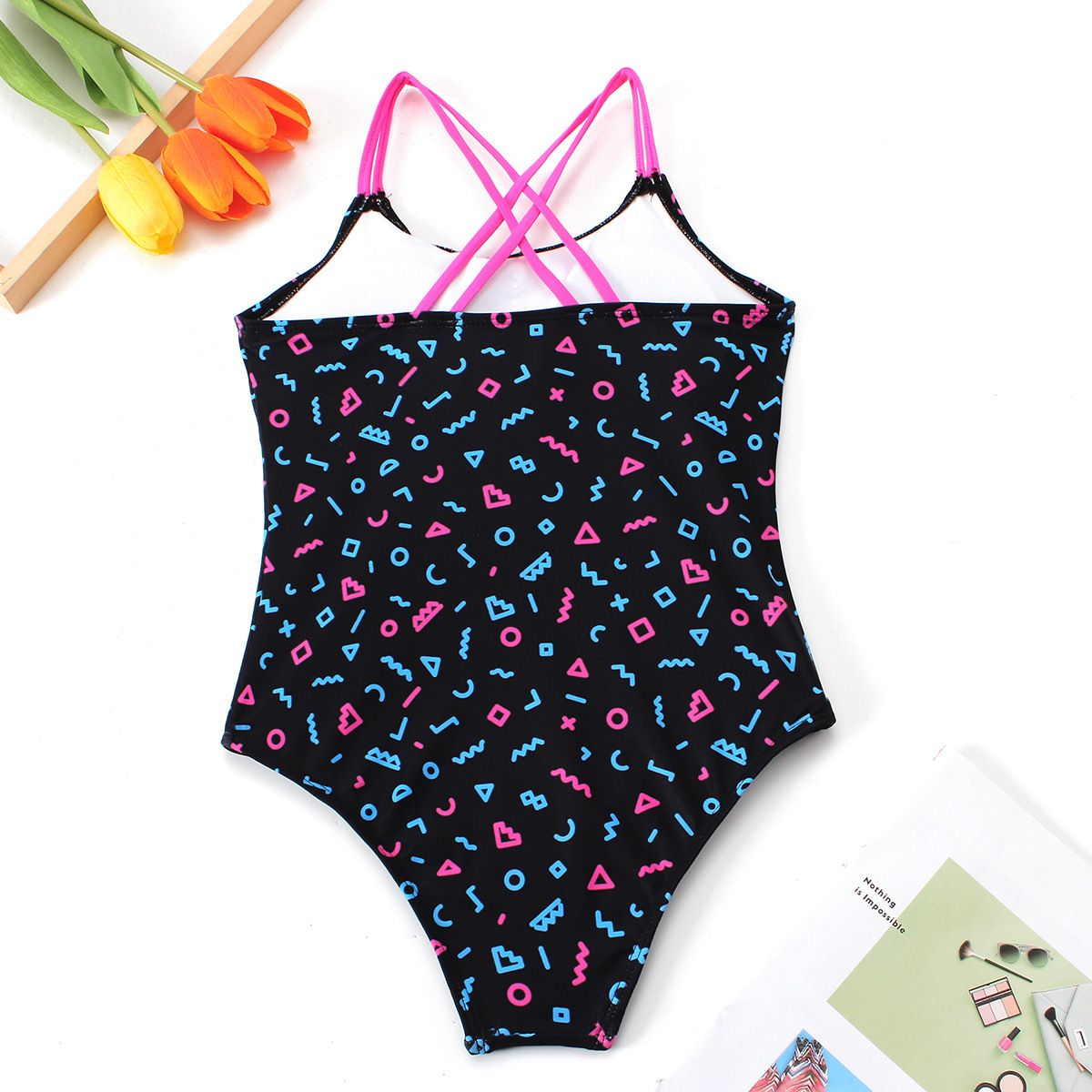 (image for) Girls Letter Print One‑Piece Swimsuit Cross Back Kids Bathing Suit Children Swimwear 130‑160