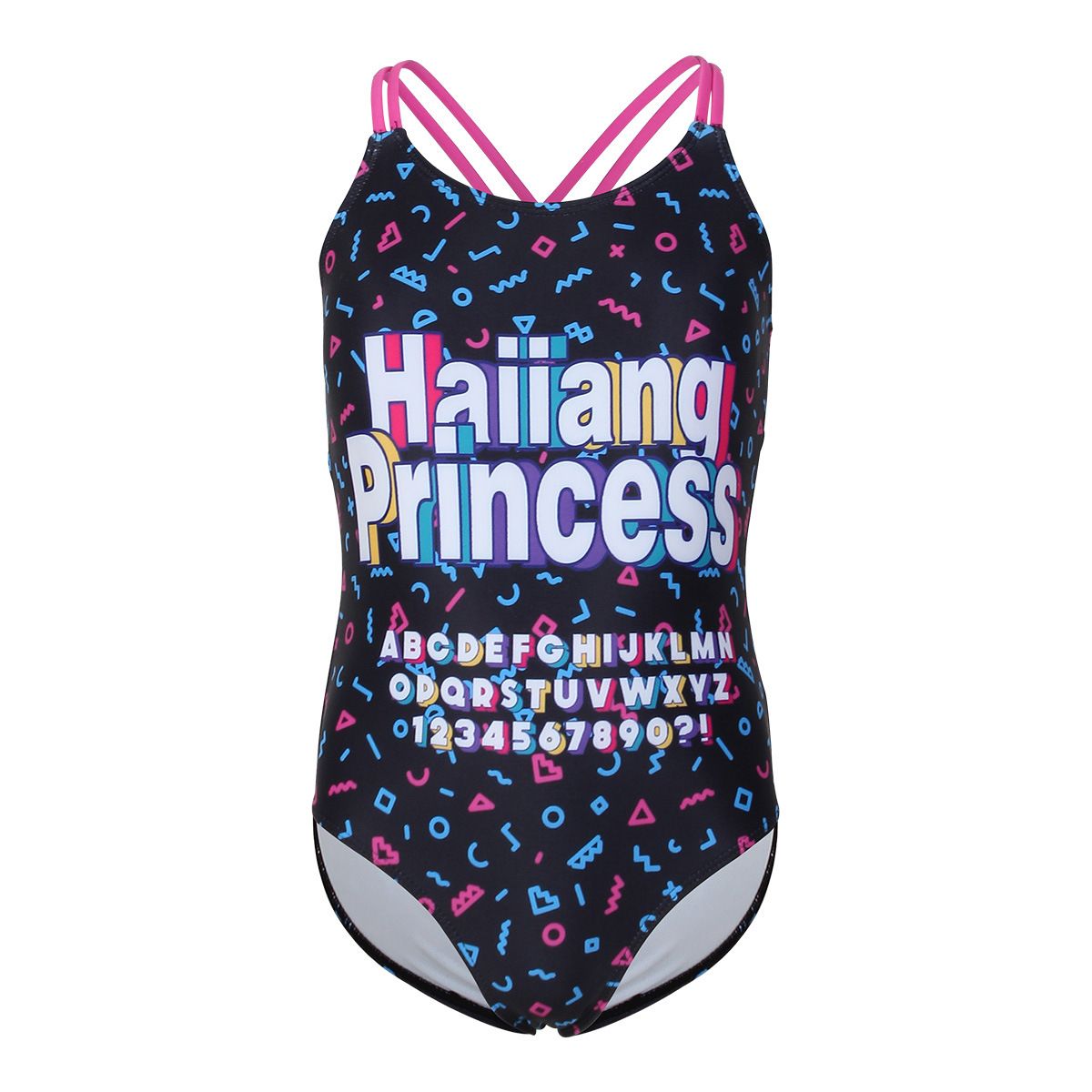 (image for) Girls Letter Print One‑Piece Swimsuit Cross Back Kids Bathing Suit Children Swimwear 130‑160