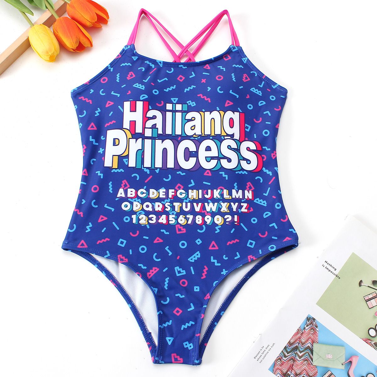 (image for) Girls Letter Print One‑Piece Swimsuit Cross Back Kids Bathing Suit Children Swimwear 130‑160