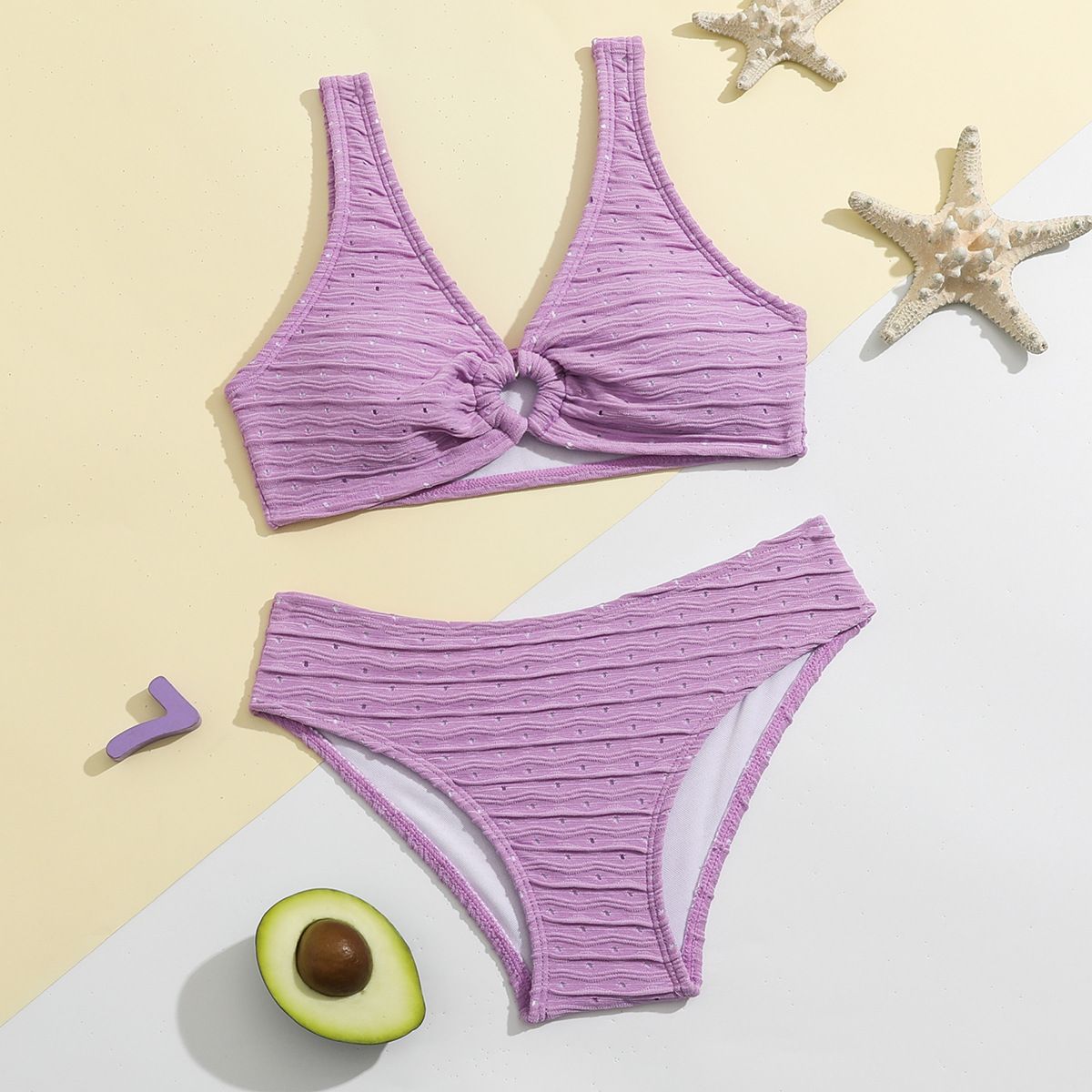 (image for) Kids Girls Knitted Two‑Piece Bikini Set Solid Color Knot Front Children Swimwear Beach Bathing Suit
