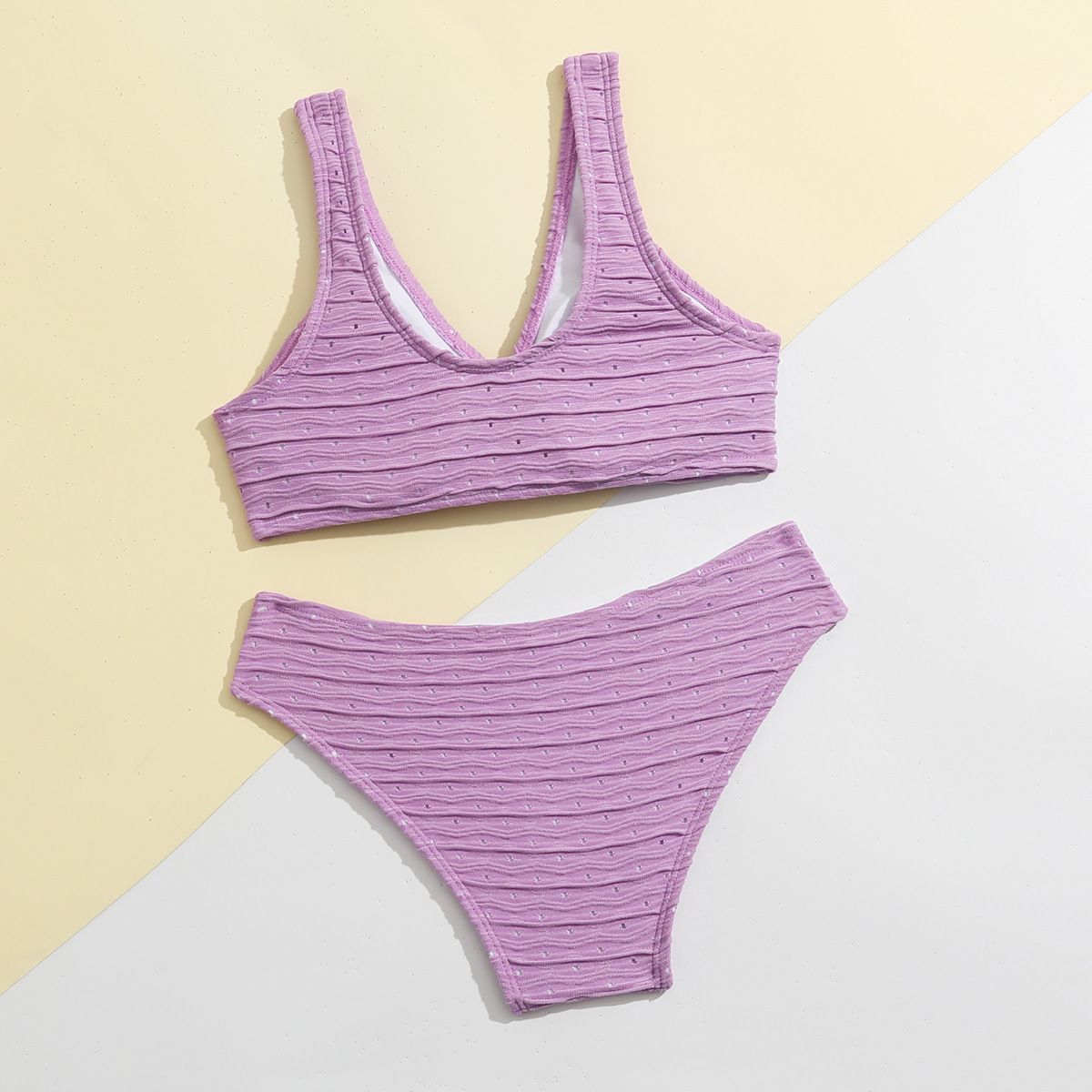 (image for) Kids Girls Knitted Two‑Piece Bikini Set Solid Color Knot Front Children Swimwear Beach Bathing Suit