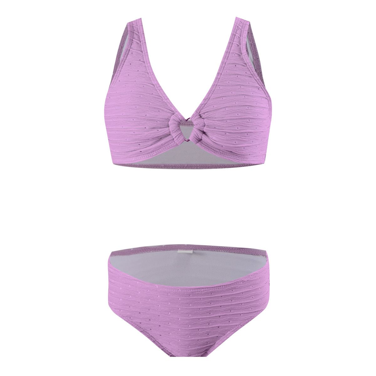 (image for) Kids Girls Knitted Two‑Piece Bikini Set Solid Color Knot Front Children Swimwear Beach Bathing Suit