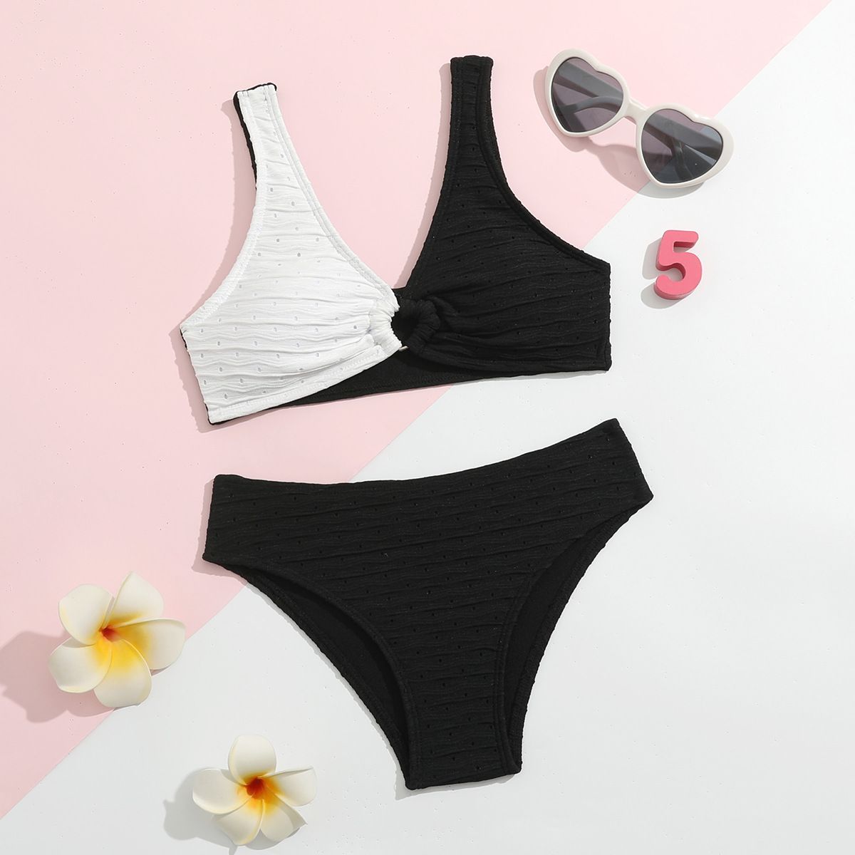 (image for) Kids Girls Knitted Two‑Piece Bikini Set Solid Color Knot Front Children Swimwear Beach Bathing Suit