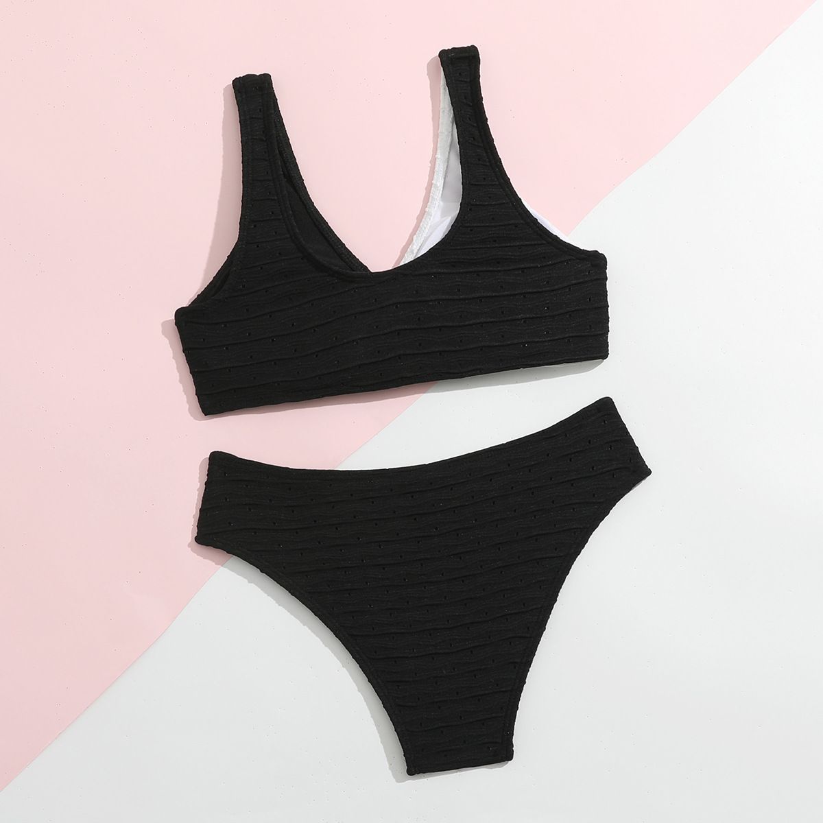 (image for) Kids Girls Knitted Two‑Piece Bikini Set Solid Color Knot Front Children Swimwear Beach Bathing Suit