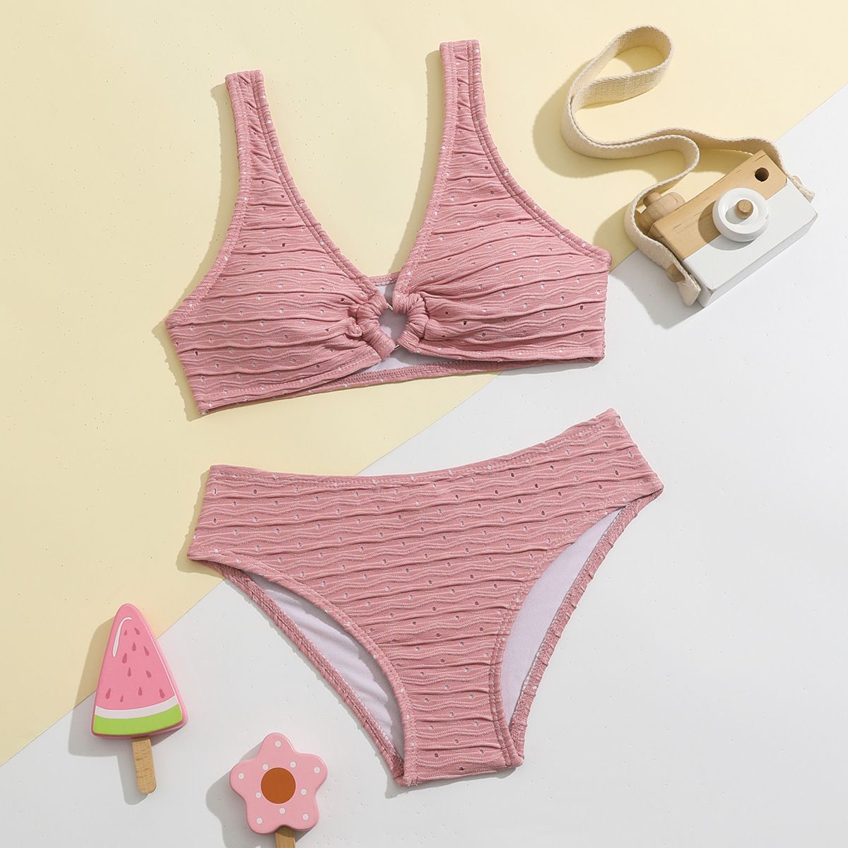 (image for) Kids Girls Knitted Two‑Piece Bikini Set Solid Color Knot Front Children Swimwear Beach Bathing Suit