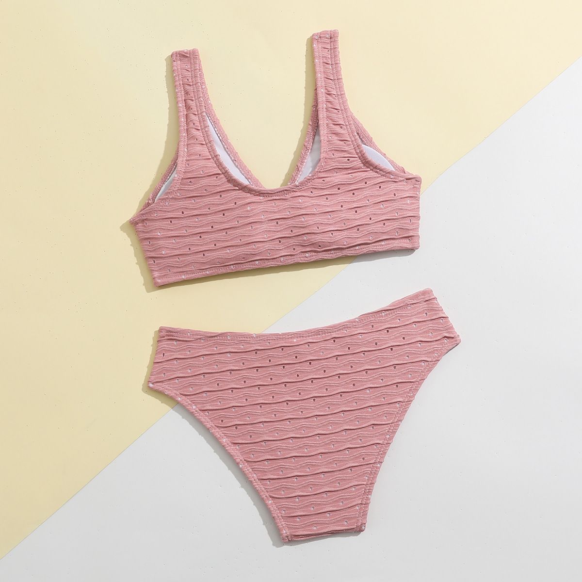 (image for) Kids Girls Knitted Two‑Piece Bikini Set Solid Color Knot Front Children Swimwear Beach Bathing Suit