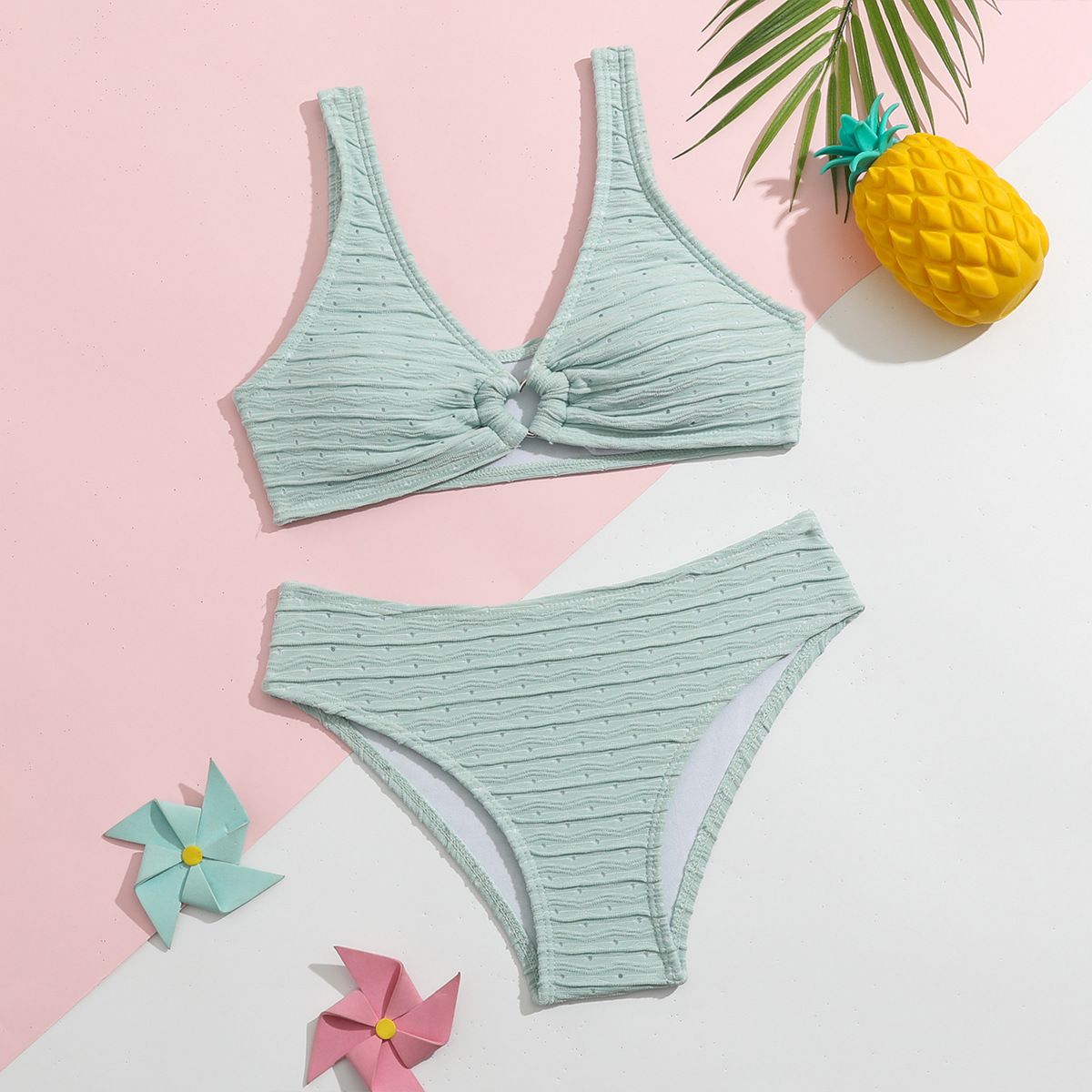 (image for) Kids Girls Knitted Two‑Piece Bikini Set Solid Color Knot Front Children Swimwear Beach Bathing Suit