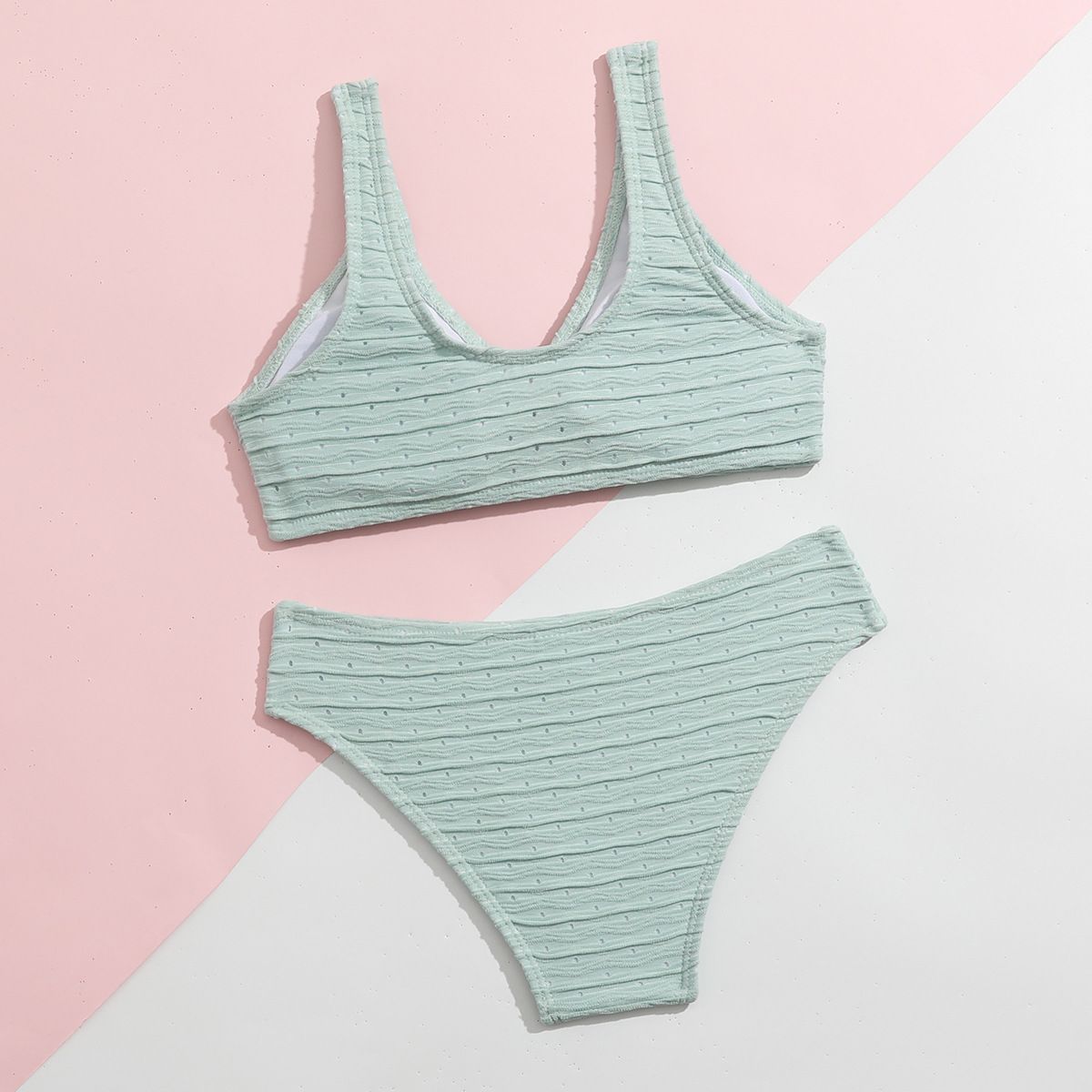 (image for) Kids Girls Knitted Two‑Piece Bikini Set Solid Color Knot Front Children Swimwear Beach Bathing Suit