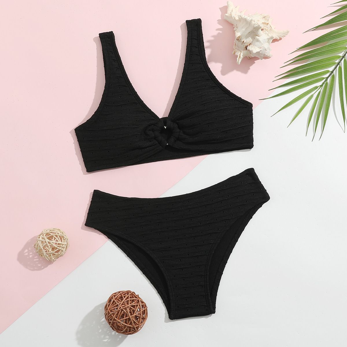 (image for) Kids Girls Knitted Two‑Piece Bikini Set Solid Color Knot Front Children Swimwear Beach Bathing Suit