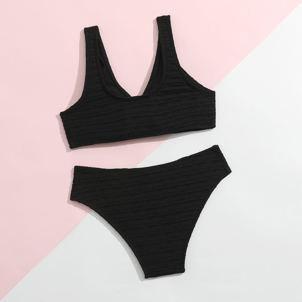 (image for) Kids Girls Knitted Two‑Piece Bikini Set Solid Color Knot Front Children Swimwear Beach Bathing Suit