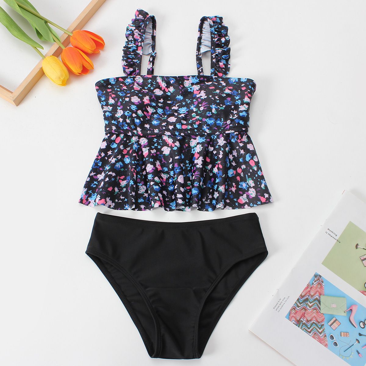 (image for) Girls Floral Ruffle Two‑Piece Swimsuit Kids Tankini Set Children Bathing Suit 130‑160