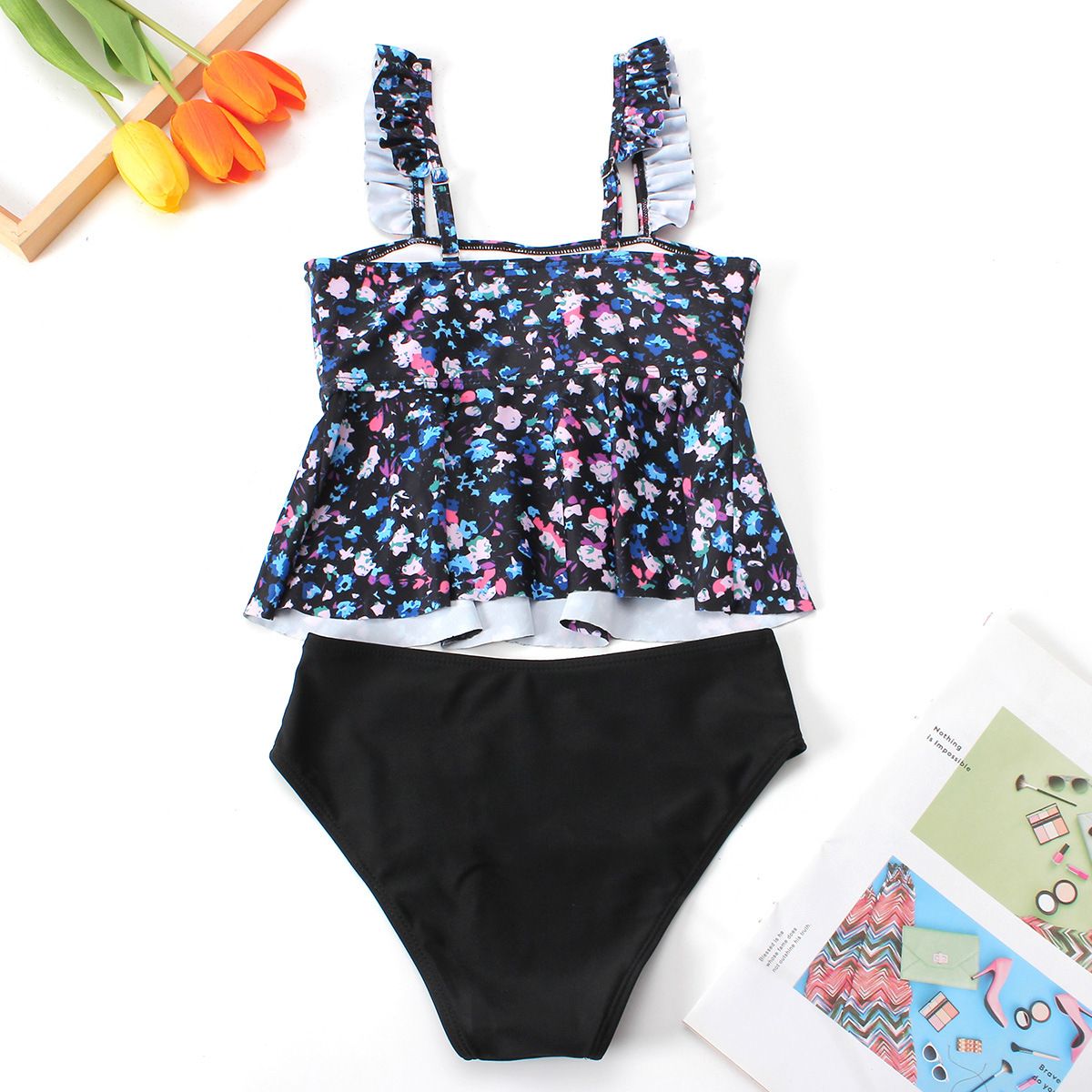 (image for) Girls Floral Ruffle Two‑Piece Swimsuit Kids Tankini Set Children Bathing Suit 130‑160