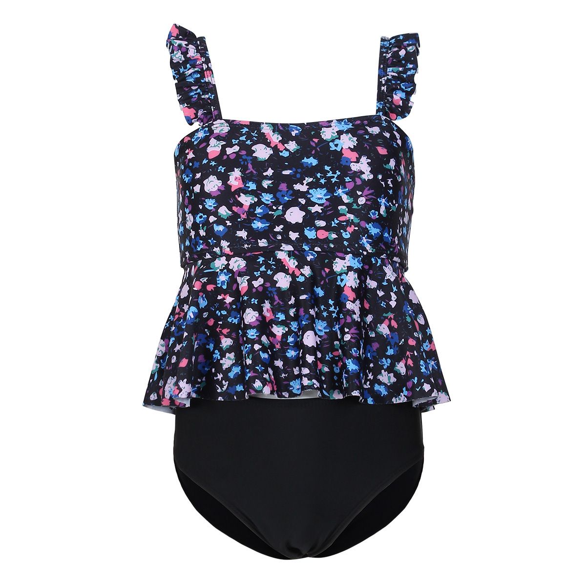 (image for) Girls Floral Ruffle Two‑Piece Swimsuit Kids Tankini Set Children Bathing Suit 130‑160