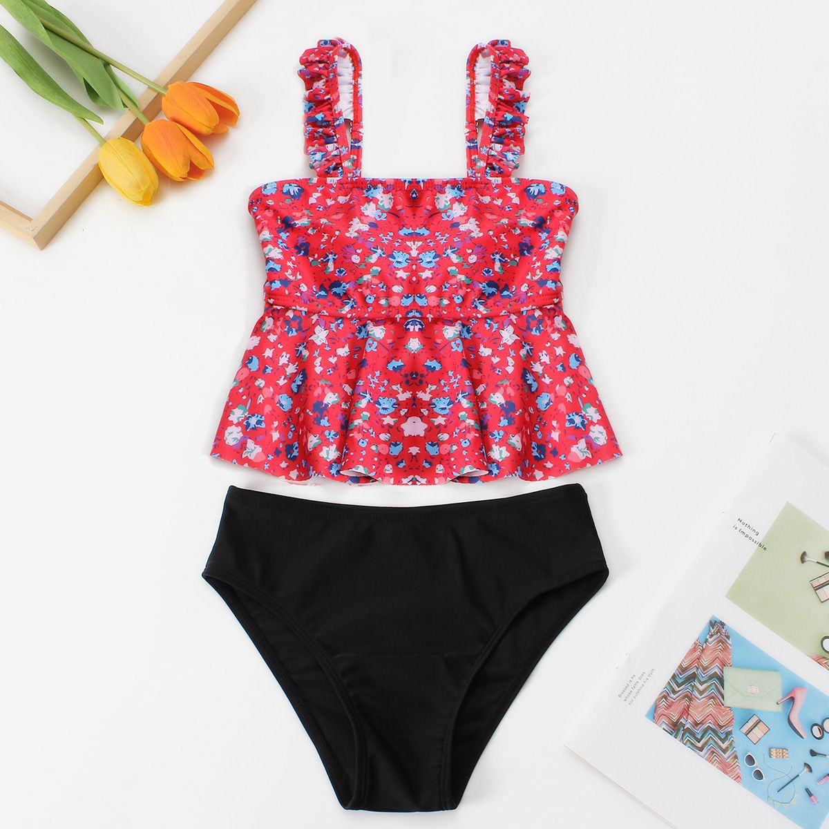 (image for) Girls Floral Ruffle Two‑Piece Swimsuit Kids Tankini Set Children Bathing Suit 130‑160