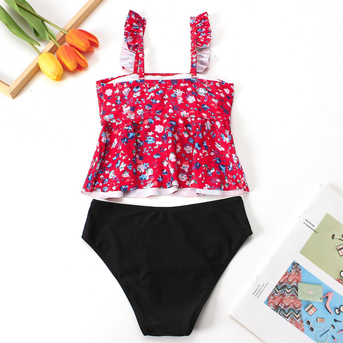 (image for) Girls Floral Ruffle Two‑Piece Swimsuit Kids Tankini Set Children Bathing Suit 130‑160