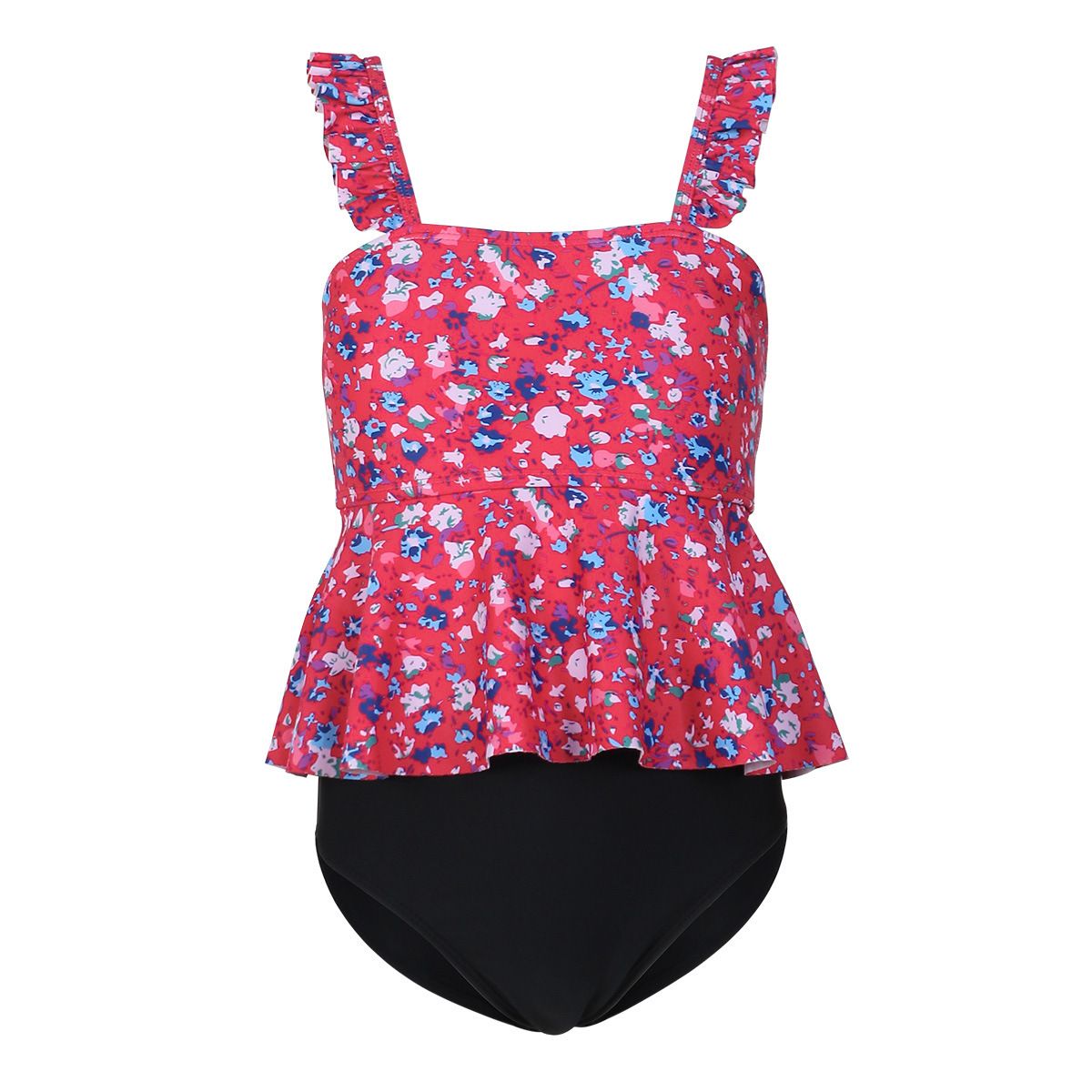 (image for) Girls Floral Ruffle Two‑Piece Swimsuit Kids Tankini Set Children Bathing Suit 130‑160