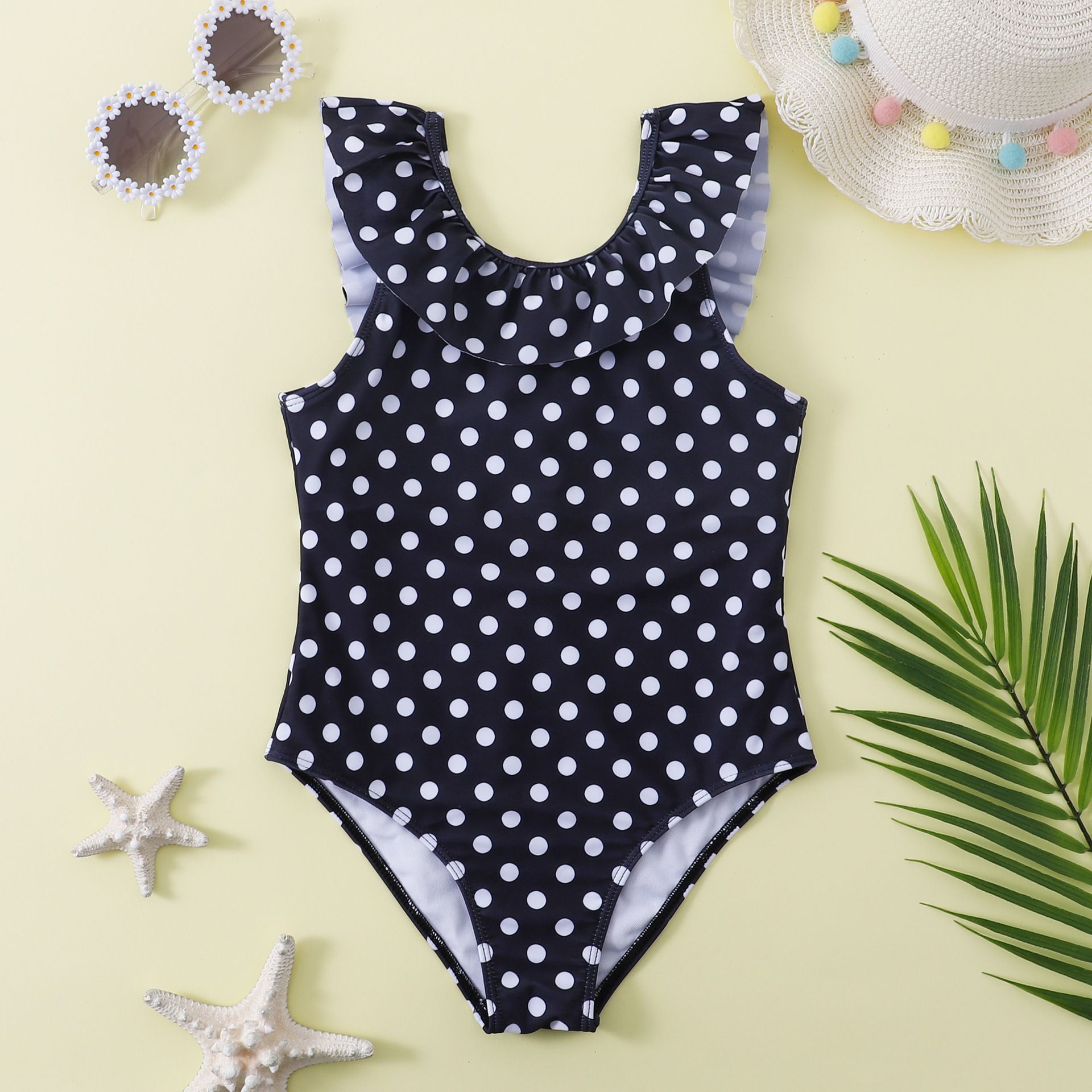 (image for) Girls Polka Dot One‑Piece Swimsuit Ruffle Shoulder Kids Bathing Suit 130‑160