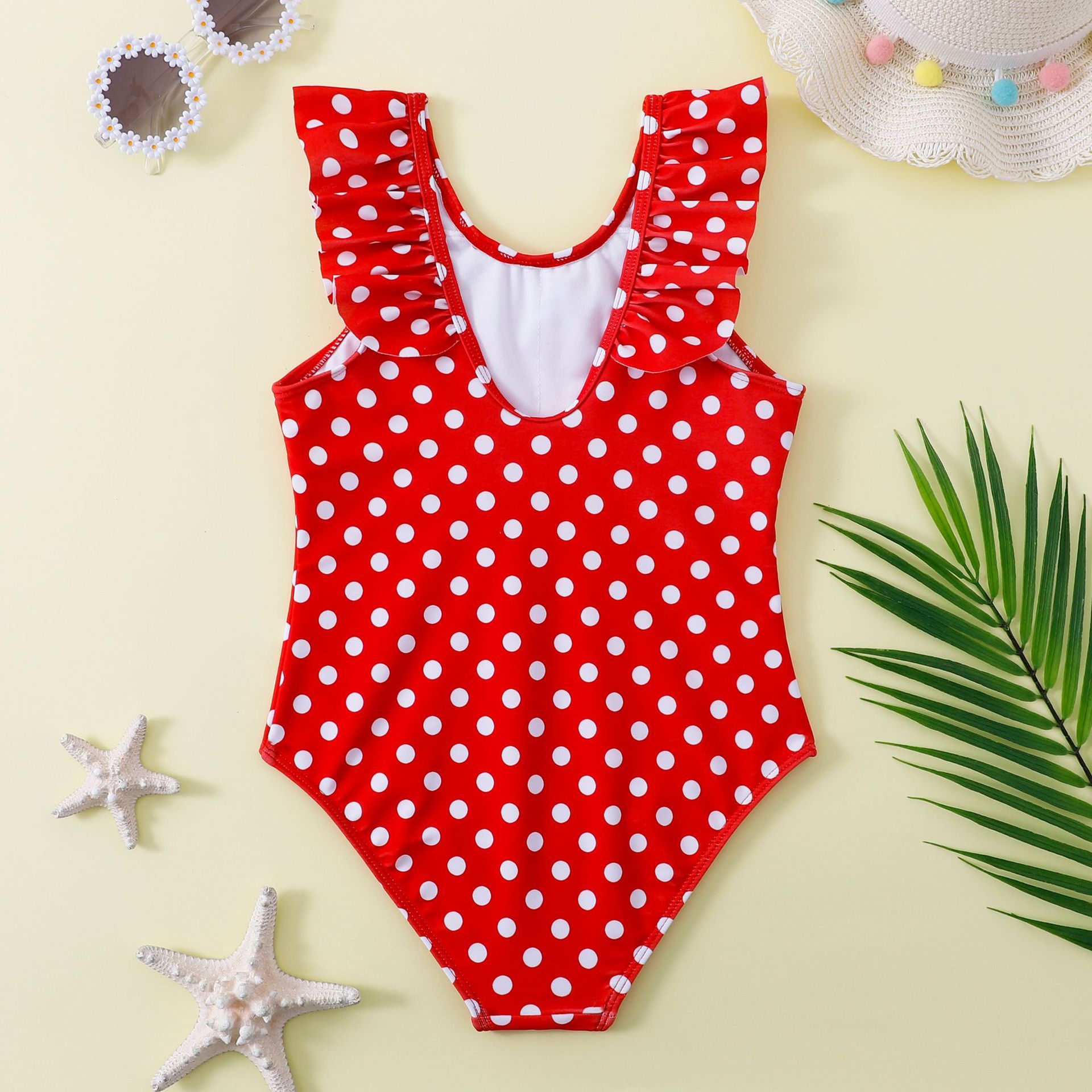 (image for) Girls Polka Dot One‑Piece Swimsuit Ruffle Shoulder Kids Bathing Suit 130‑160