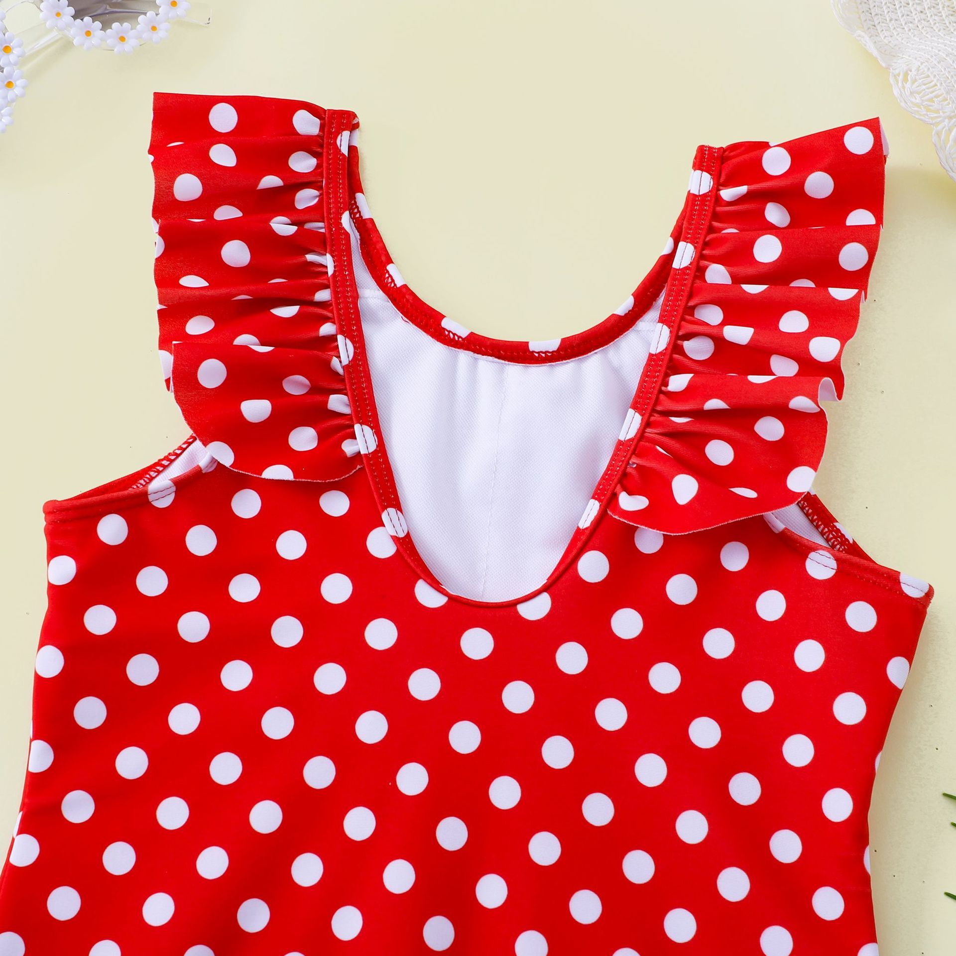 (image for) Girls Polka Dot One‑Piece Swimsuit Ruffle Shoulder Kids Bathing Suit 130‑160