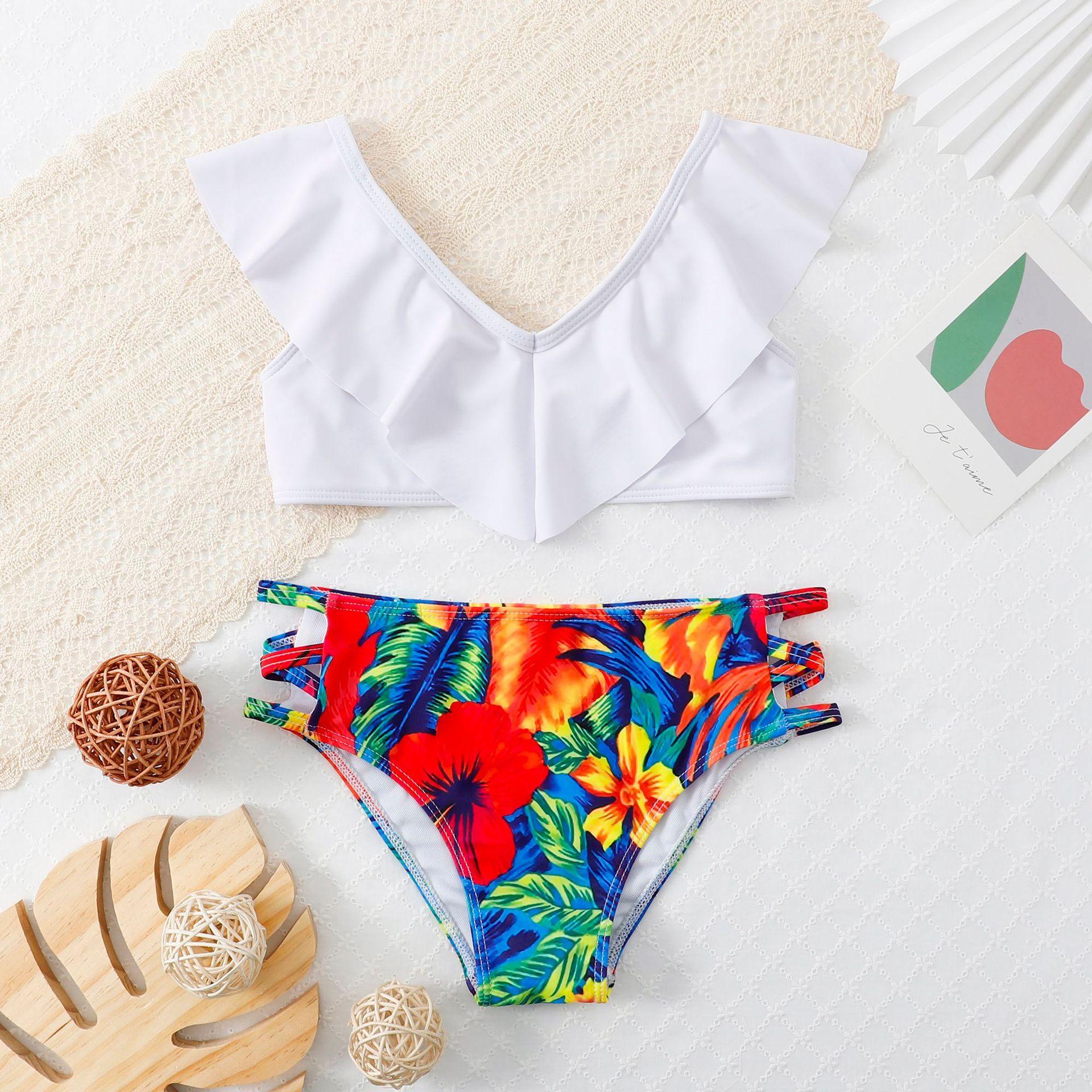 Girls Ruffle Two‑Piece Bikini Swimsuit Solid & Tropical Print Kids Bathing Suit 130‑160
