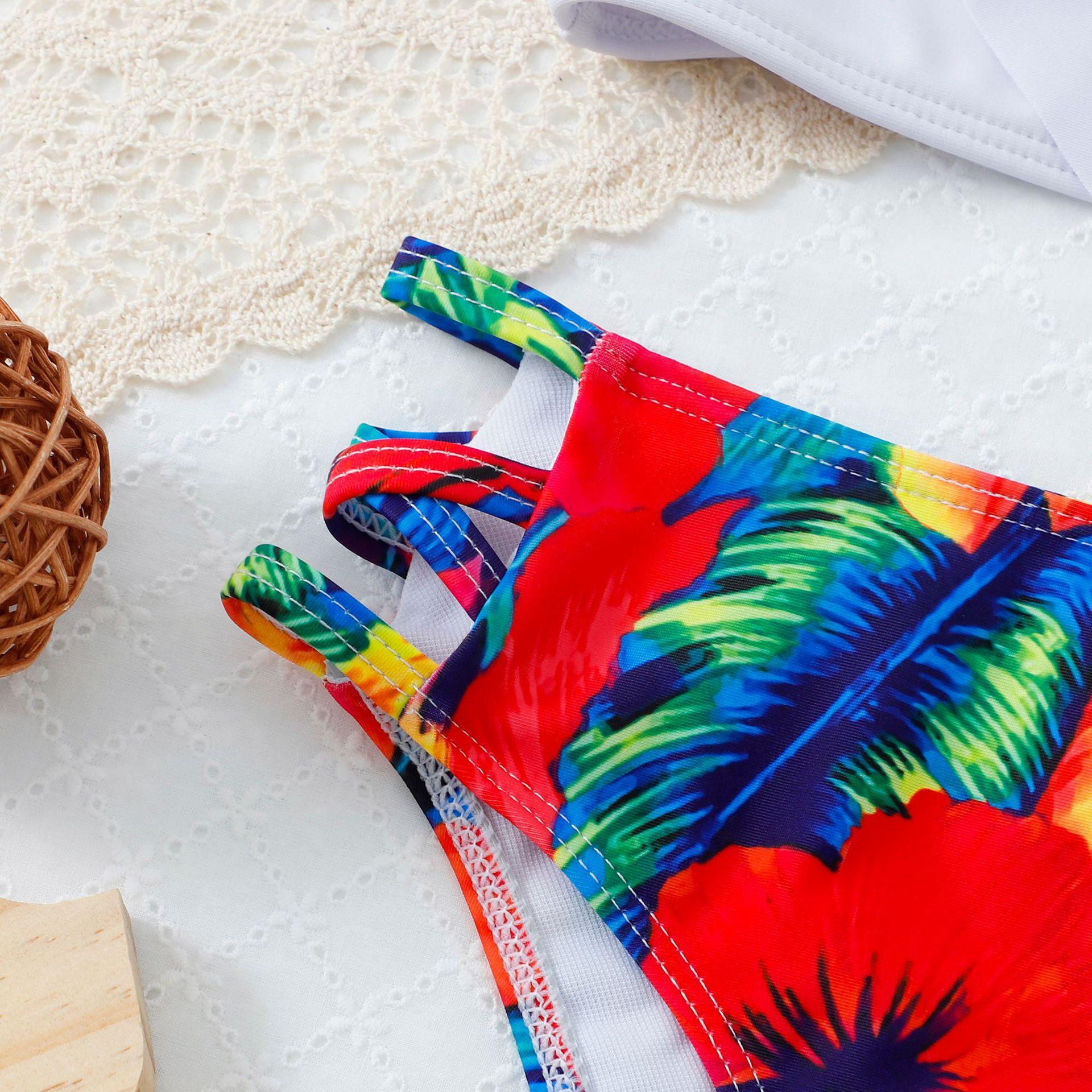 (image for) Girls Ruffle Two‑Piece Bikini Swimsuit Solid & Tropical Print Kids Bathing Suit 130‑160