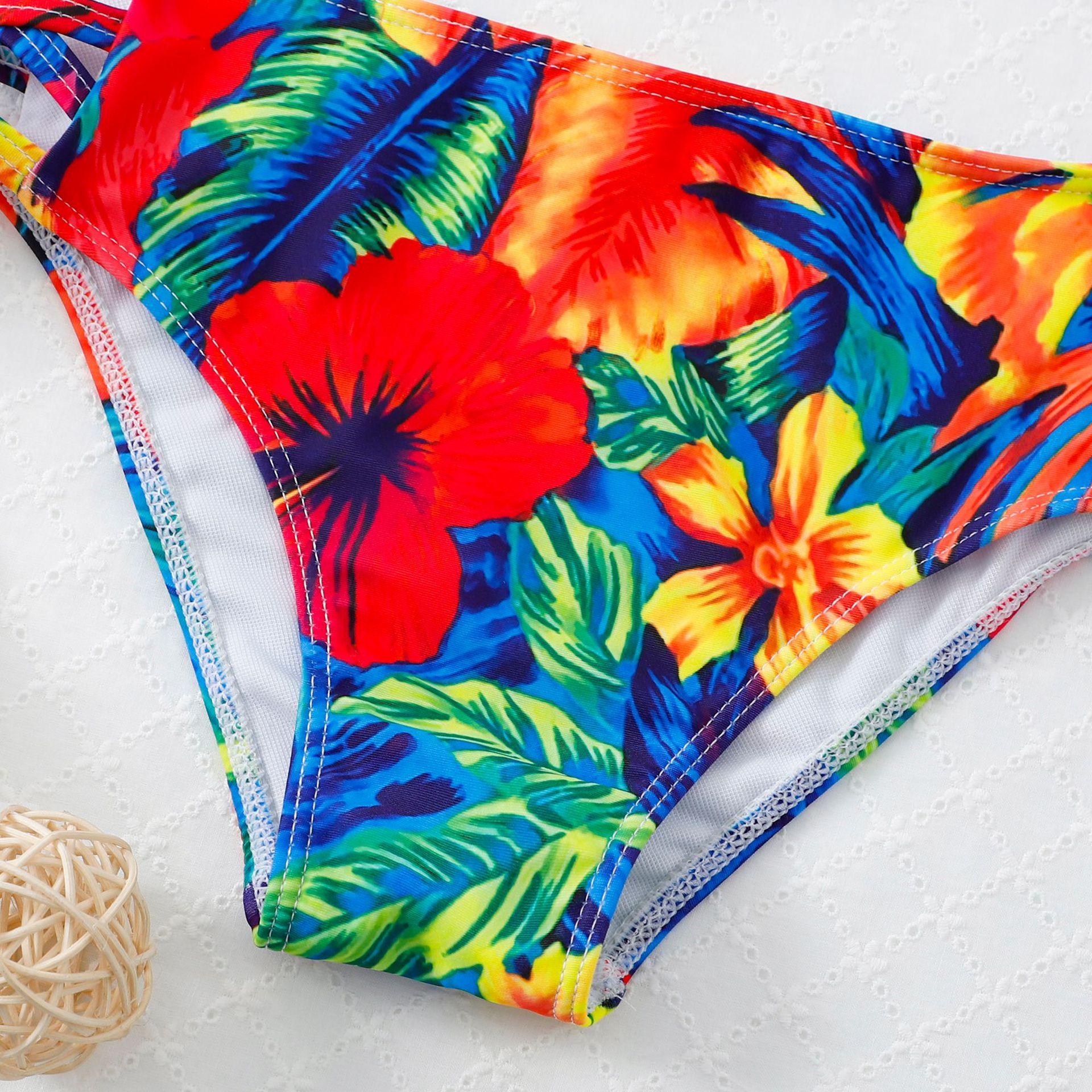 (image for) Girls Ruffle Two‑Piece Bikini Swimsuit Solid & Tropical Print Kids Bathing Suit 130‑160