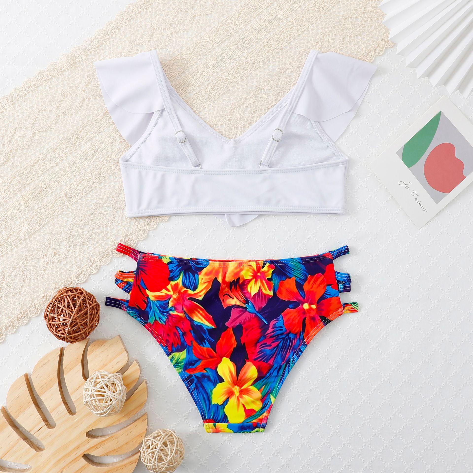(image for) Girls Ruffle Two‑Piece Bikini Swimsuit Solid & Tropical Print Kids Bathing Suit 130‑160