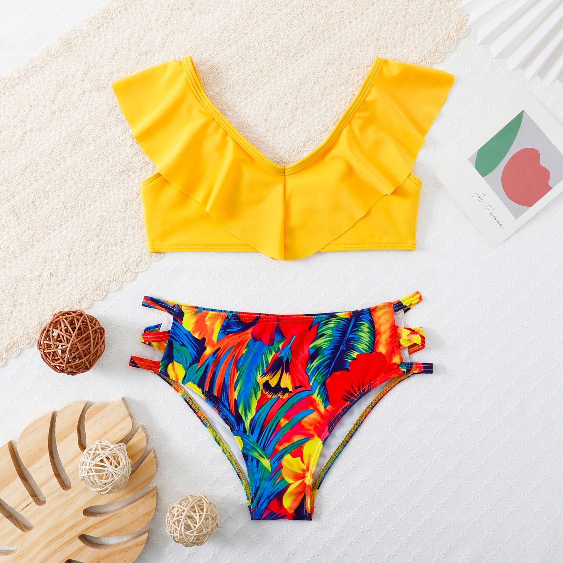 (image for) Girls Ruffle Two‑Piece Bikini Swimsuit Solid & Tropical Print Kids Bathing Suit 130‑160