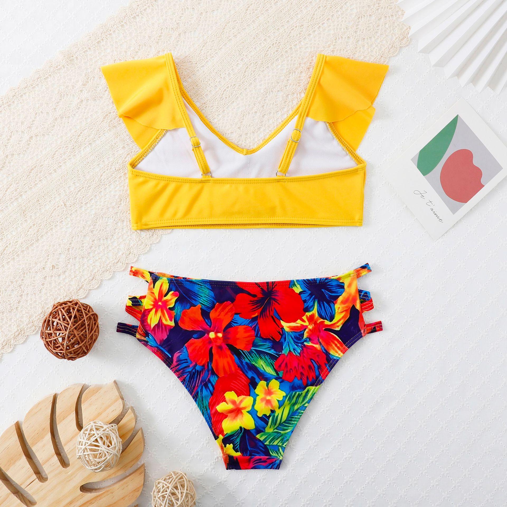 (image for) Girls Ruffle Two‑Piece Bikini Swimsuit Solid & Tropical Print Kids Bathing Suit 130‑160