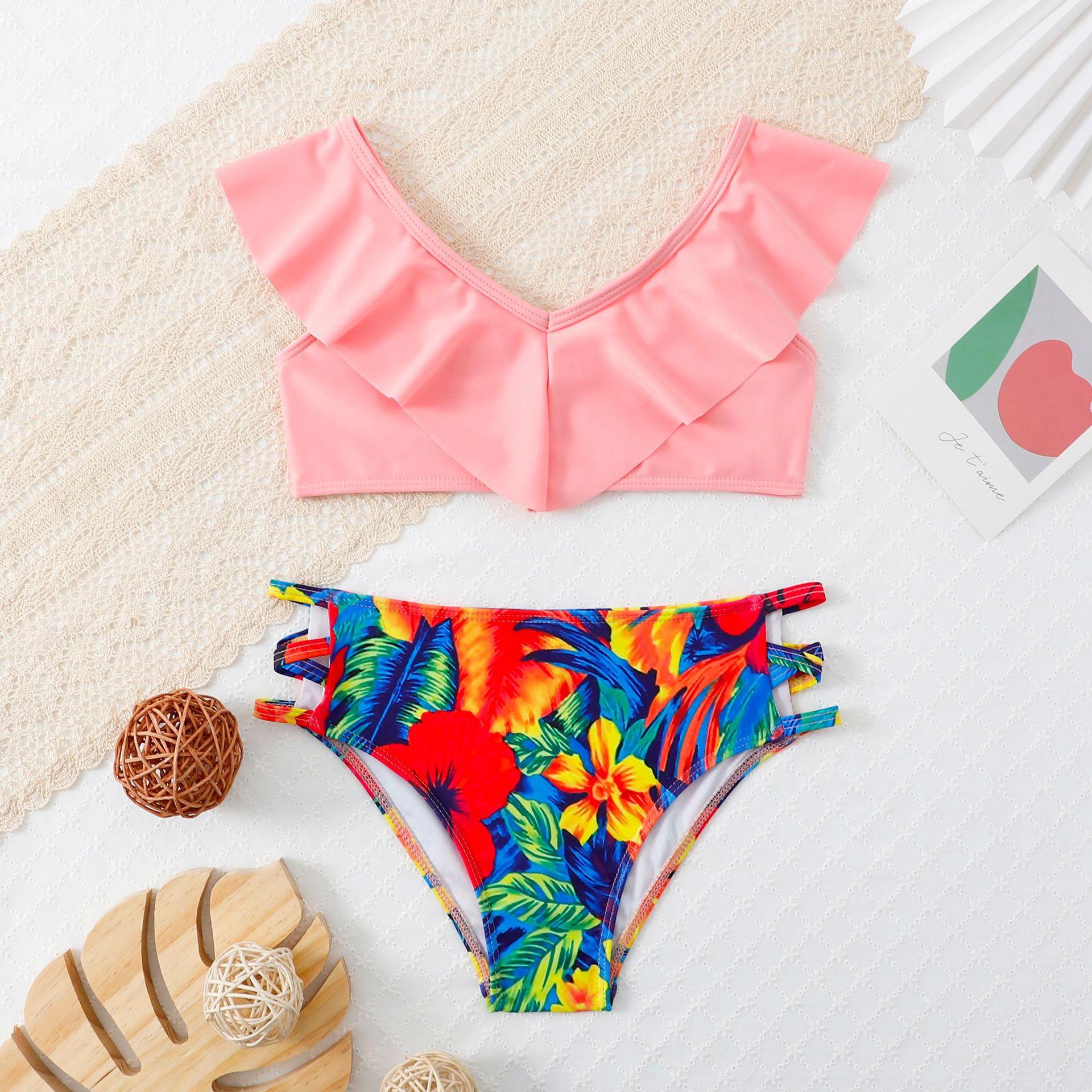 (image for) Girls Ruffle Two‑Piece Bikini Swimsuit Solid & Tropical Print Kids Bathing Suit 130‑160