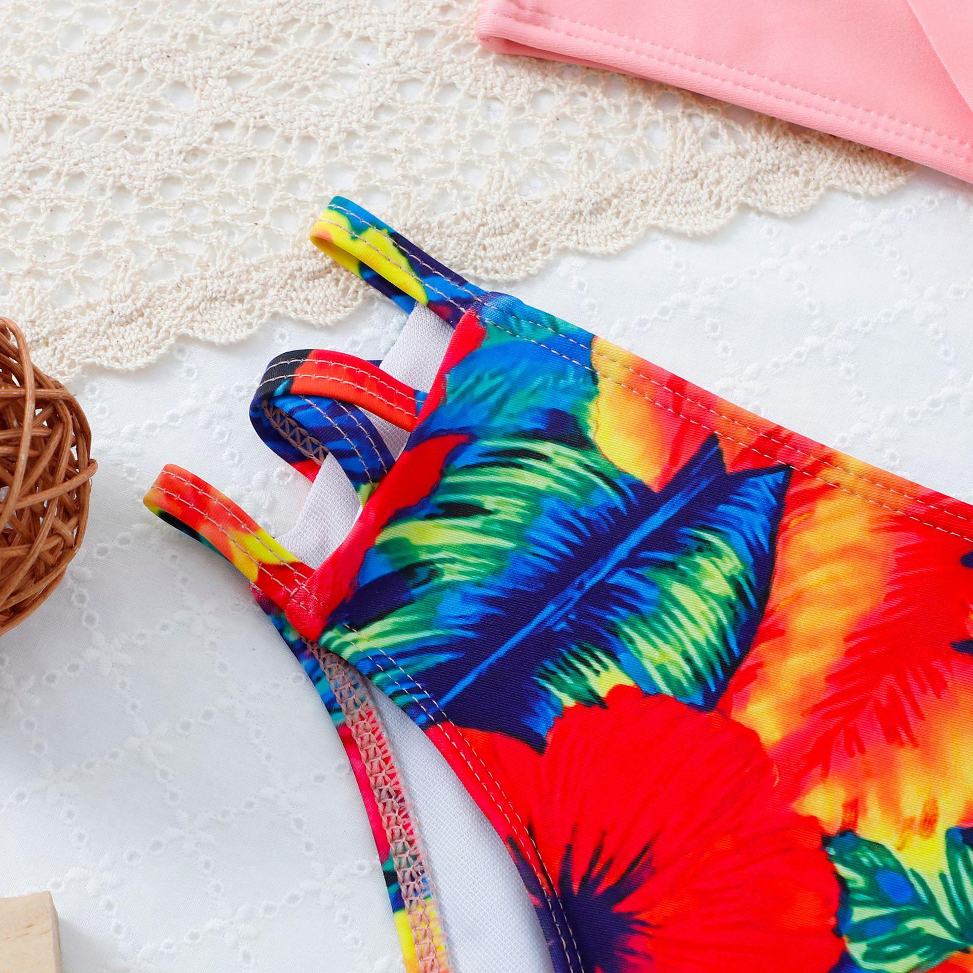 (image for) Girls Ruffle Two‑Piece Bikini Swimsuit Solid & Tropical Print Kids Bathing Suit 130‑160