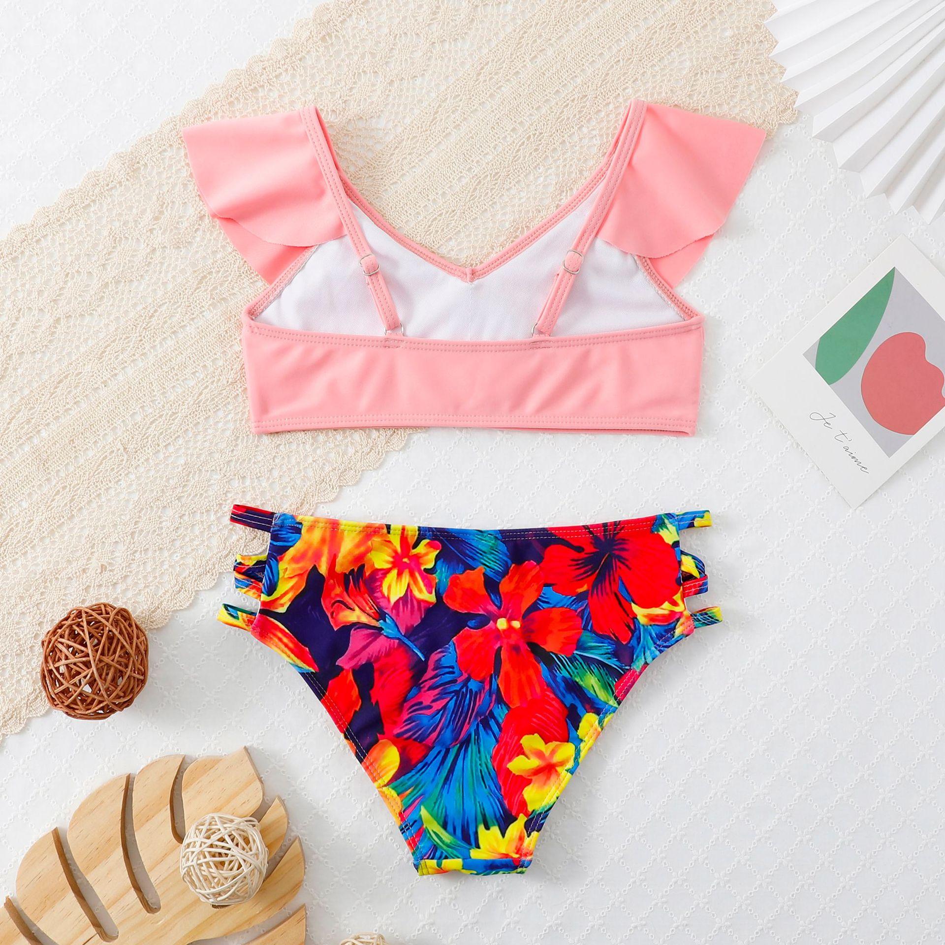 (image for) Girls Ruffle Two‑Piece Bikini Swimsuit Solid & Tropical Print Kids Bathing Suit 130‑160