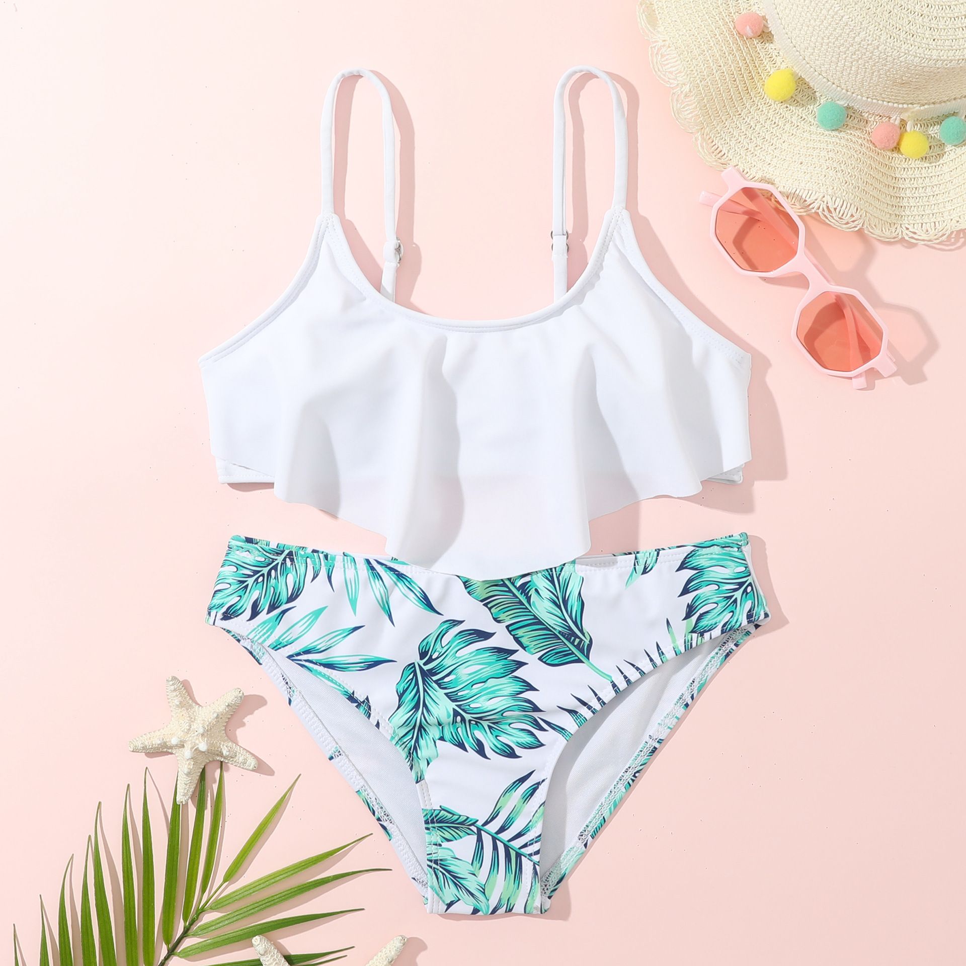 (image for) Girls Ruffle Two‑Piece Bikini Swimsuit Tropical Leaf Print Kids Bathing Suit 130‑160