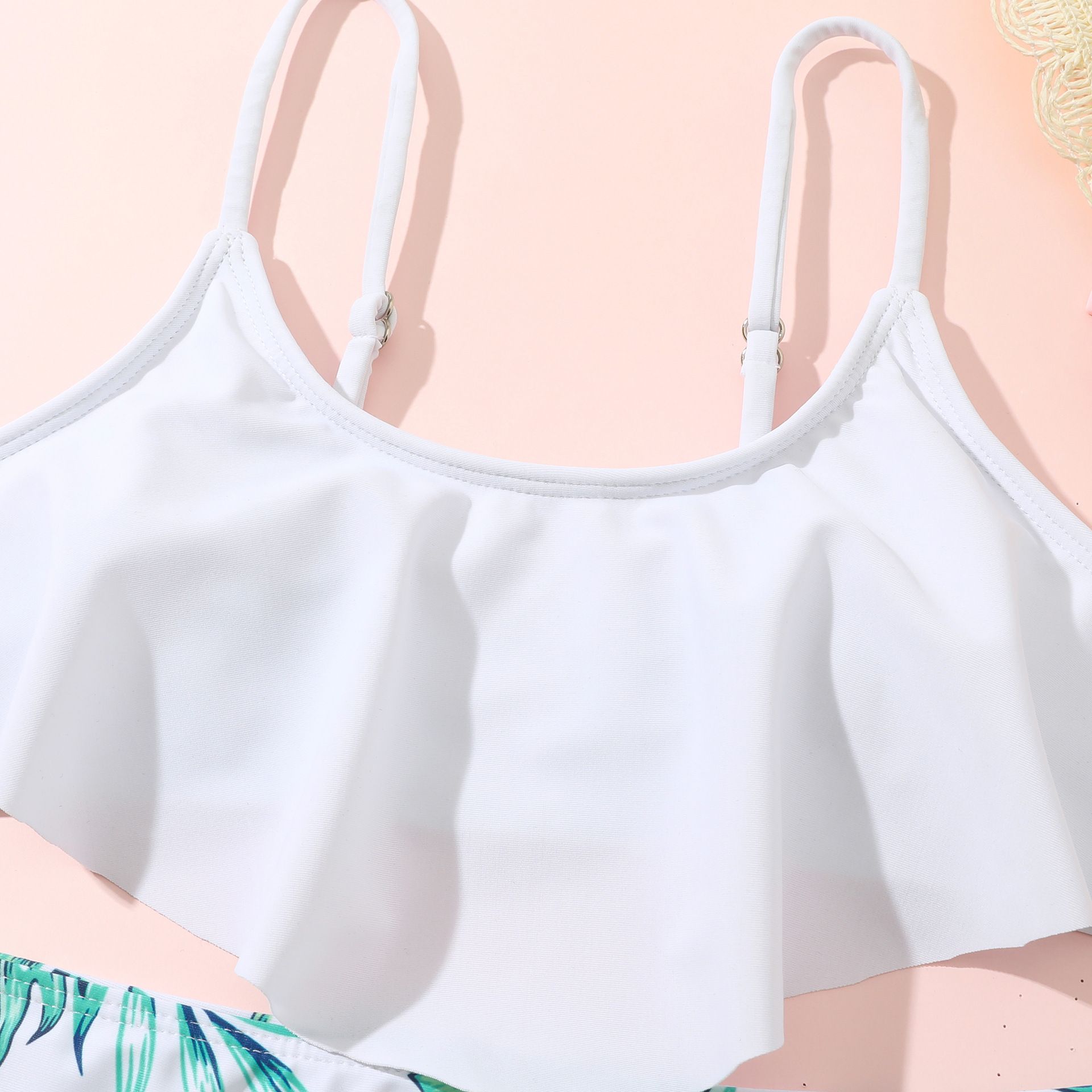 (image for) Girls Ruffle Two‑Piece Bikini Swimsuit Tropical Leaf Print Kids Bathing Suit 130‑160