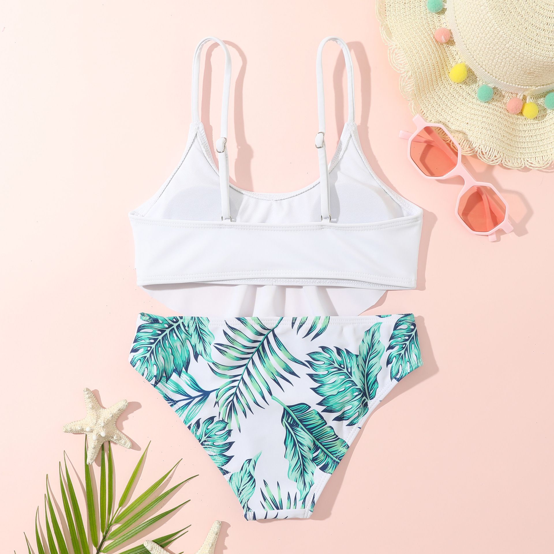 (image for) Girls Ruffle Two‑Piece Bikini Swimsuit Tropical Leaf Print Kids Bathing Suit 130‑160