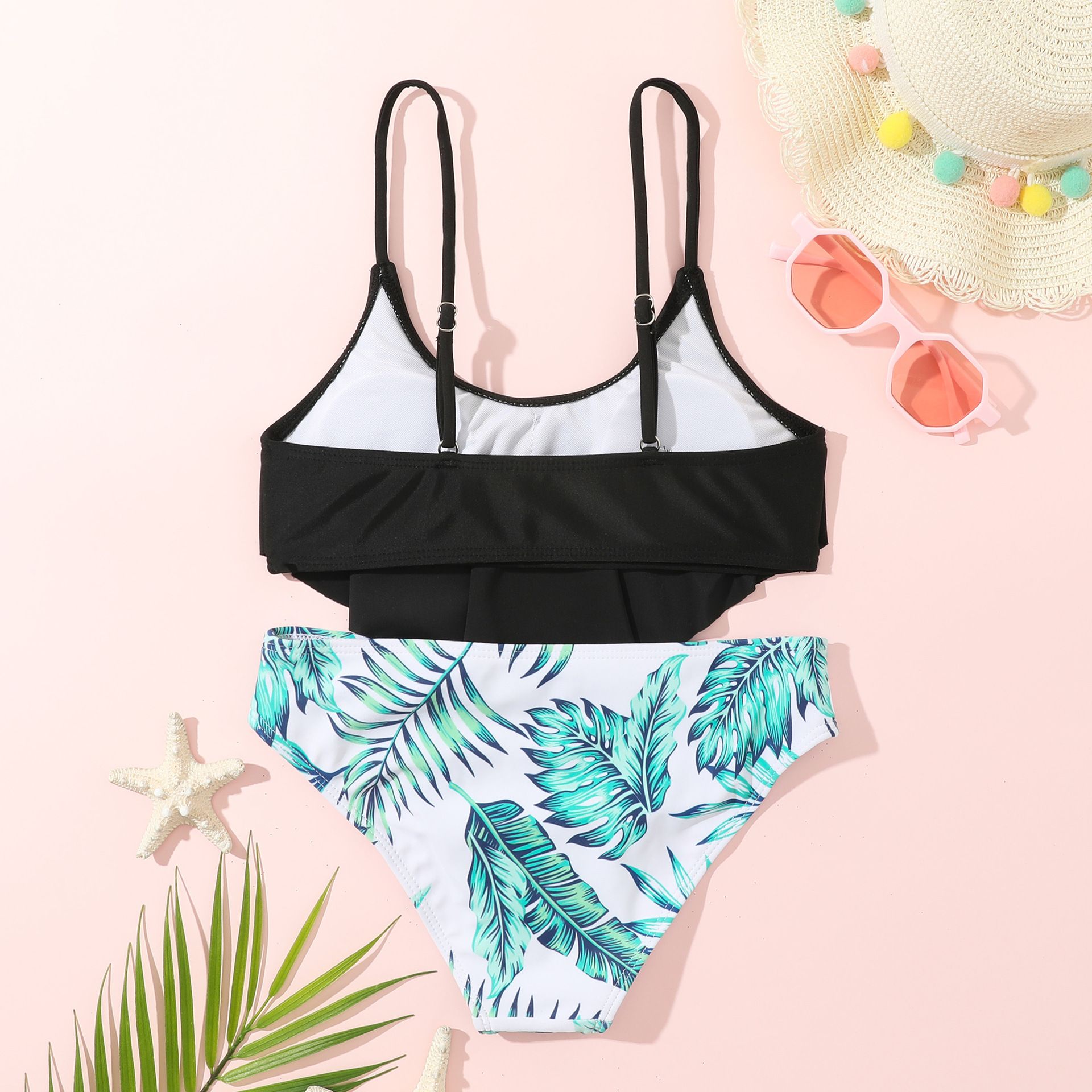 (image for) Girls Ruffle Two‑Piece Bikini Swimsuit Tropical Leaf Print Kids Bathing Suit 130‑160