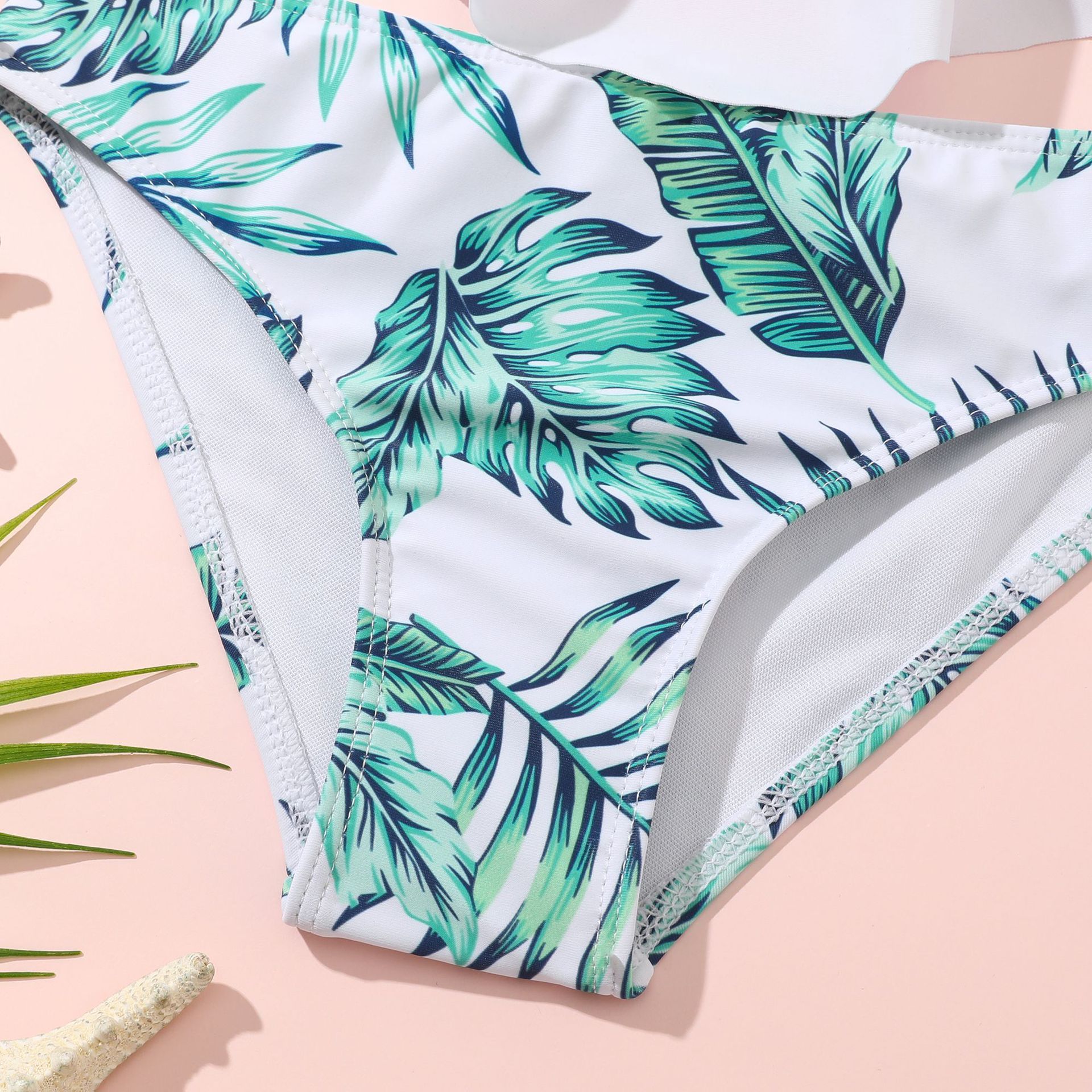 (image for) Girls Ruffle Two‑Piece Bikini Swimsuit Tropical Leaf Print Kids Bathing Suit 130‑160