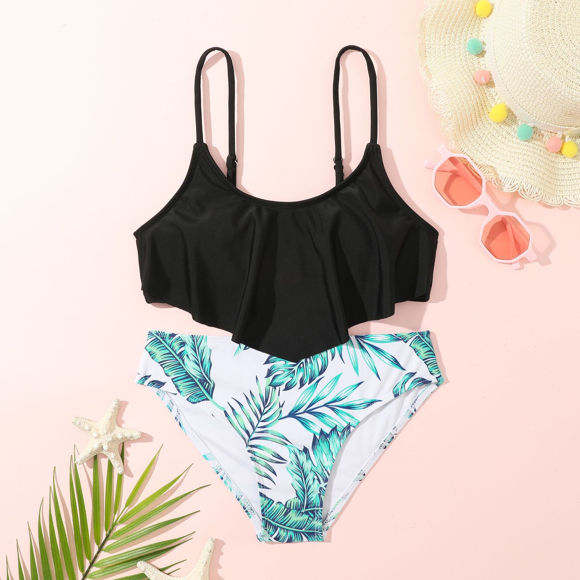 (image for) Girls Ruffle Two‑Piece Bikini Swimsuit Tropical Leaf Print Kids Bathing Suit 130‑160